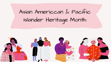 Asian American & Pacific Islander Heritage Month pink banner over gray background with chartoon character families on bottom