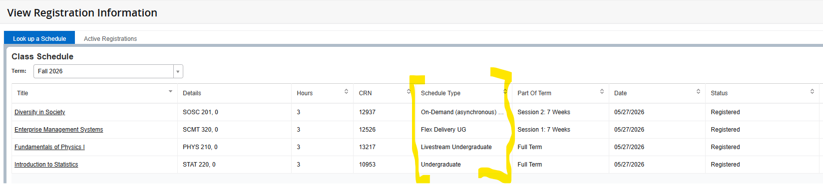 Picture of a students schedule