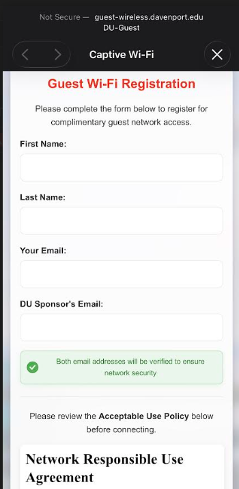 An image of the DU Guest WiFi Portal on a mobile device