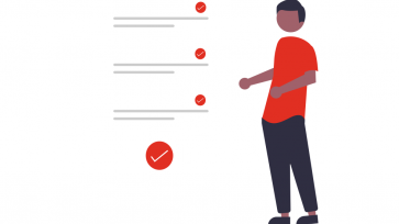 man next to list of items