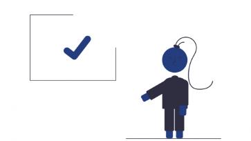 cartoon person standing next to board with check mark