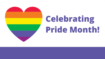 Celebrating Pride Month! in purple on a white background next to rainbow heart