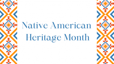 Native American Heritage Month white background blue letters with red and blue designs on the right and left side