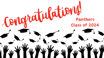 Congratulations Panthers Class of 2024, red letters with black hands and graduation caps over white background