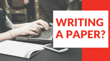 Writing a paper? red and white with picture of a person typing on computer in background
