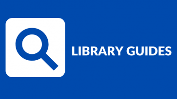 Library Guides white lettering over a blue background with a blue and white magnifying glass icon