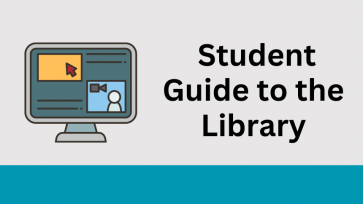 Student Guide to the Library black letters over grey background next to animated computer screen and a blue footer