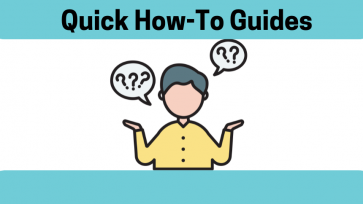 Quick How-To Guides blue header and footer with cartoon person looking confused with question marks above head