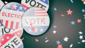 black background with voting buttons and red white and blue star confettie