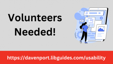 Volunteers Needed! In black letters over grey background next to blue and white graphic of a women next to web items, with red footer