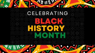 Celebrating Black History Month with white red yellow and green lettering over black background with a colorful border containing black history month colors that symbolize unity and pride