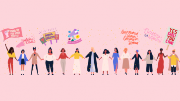 Women's History Month with pink background and a line of women standing together hand in hand