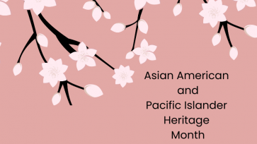 Asian American and Pacific Islander Heritage Month in black letters over a light pink background with white flowers on black branches as a header