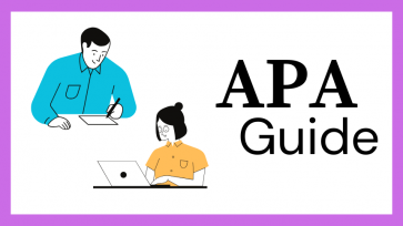 APA Guide in black letters over a white background with a purple border with an animated image of a woman in a yellow shirt on a computer and a man in a blue shirt writing on paper