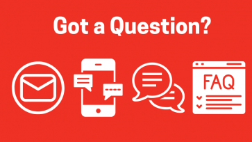 Got a Question? Red background with white icon images of a letter in a circle for email, cell phone for texting, quote boxes for chat, and webpage FAQ for FAQs