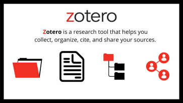 Zotero is a research tool that helps you collect, organize, cite, and share your sources written in black and red with red and black images of a folder, document, file sharing, and networking