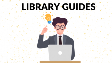 Library Guides in black lettering over a white background with yellow confetti and a cartoon man looking at a computer