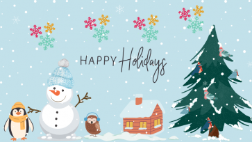 Happy Holidays over a sky blue background with snow falling over an orange cabin, a large green christmas tree, a penguin, a snowman, and an owl