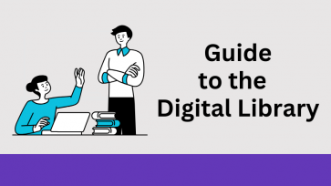 Guide to the Digital Library in black letters over a grey background with a purple footer. With a cartoonstudent sitting at a computer asking a cartoon teacher a question.