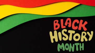 Black History Month in red, yellow, and green over a black, red, yellow, and green background in waves