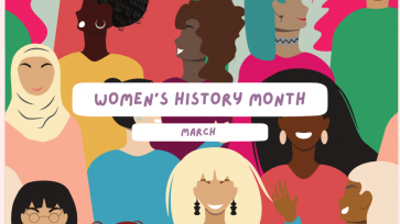 Women's History Month, March in purple text over a background of multiple cartoon women of different ethnicities in colorful clothing