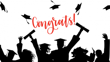 Congrats! in red letters over a white background with silhouettes of graduating students tossing their graduation caps in the air.