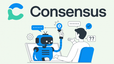 Consensus in black letters over a light blue/greenish background with an animated person chatting with an animated robot