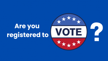 Are you registered to vote? over a blue background with a vote button with blue, white, and red stripes, and 10 white stars