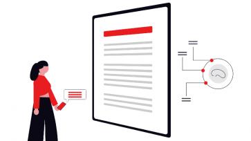 cartoon woman in red standing before a large screen with smart technology working behind it providing answers to the user.